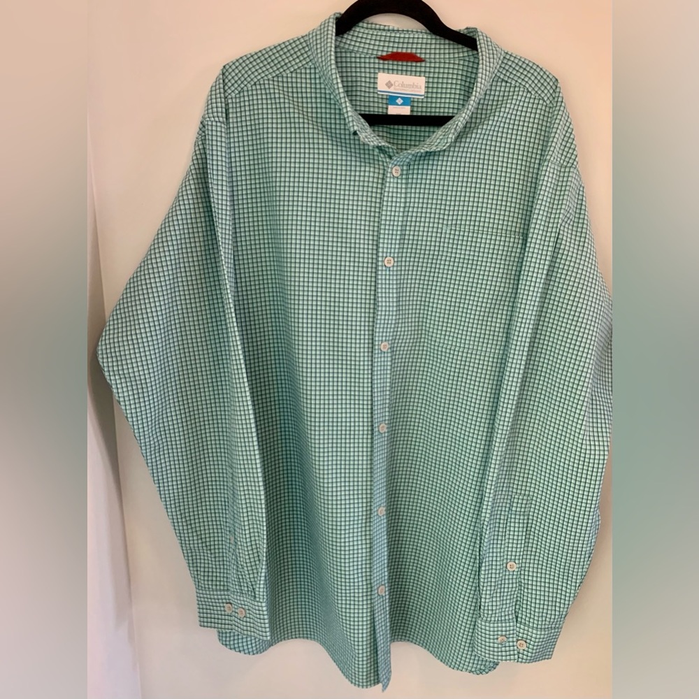 Columbia Mens Plaid XXL Button-Down LS  Casual Shirt Green/White Gingham W/Logo